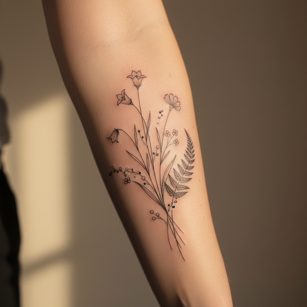 Fine line botanical tattoo by Marisol
